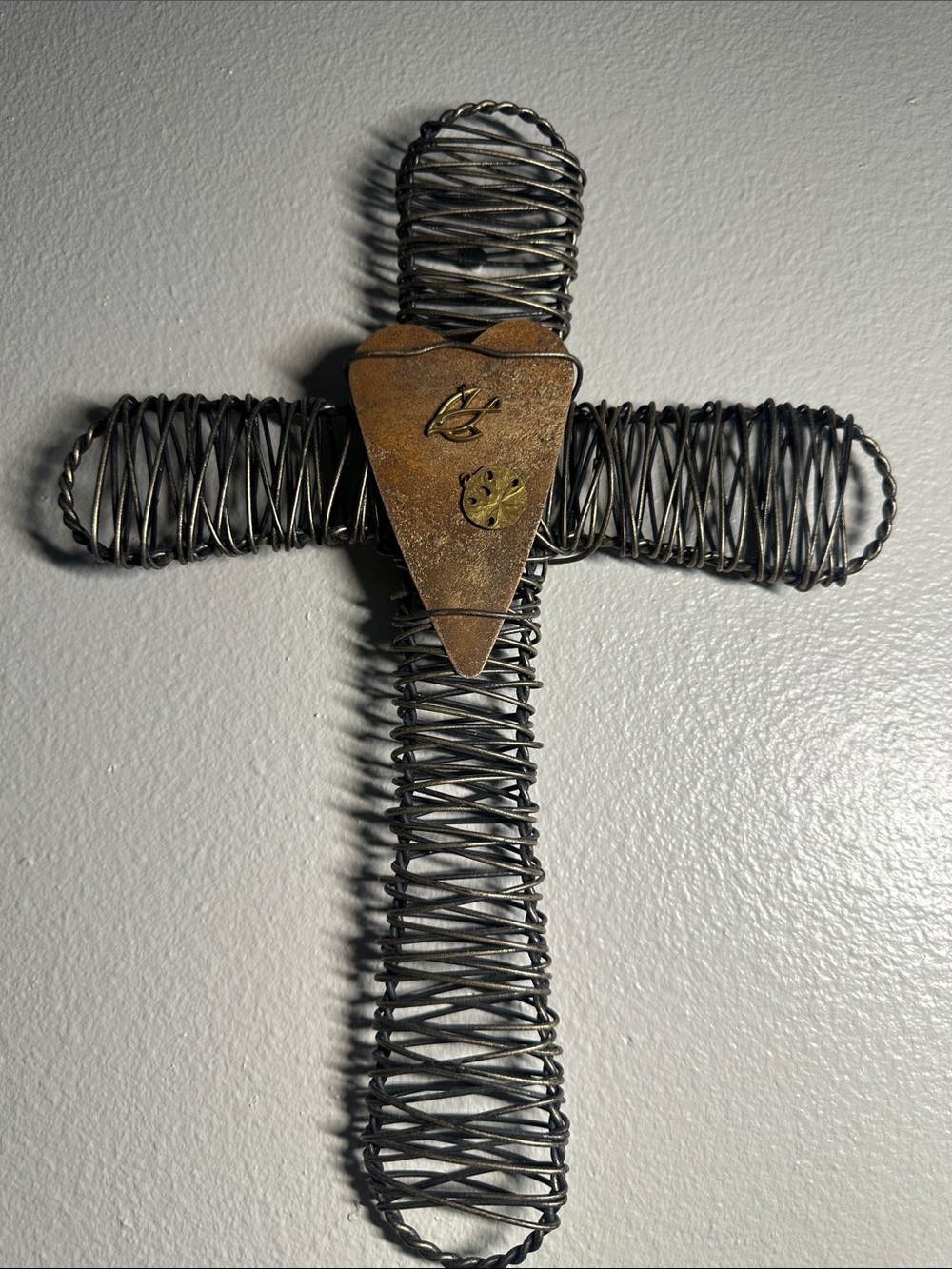 Wire-Wrapped Cross Wall Accent with Brass Heart Detail